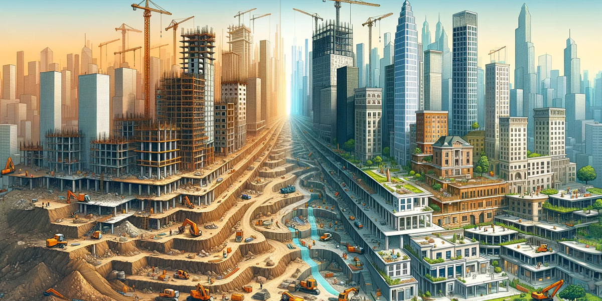An image showing a city being built from foundation to finished buildings.