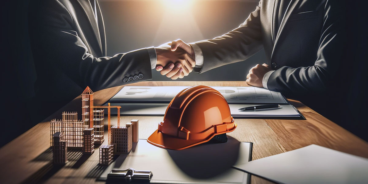 Two construction professionals shaking hands over a table with a hard hat - business development in AEC